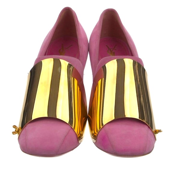 YVES SAINT LAURENT RIVE GAUCHE YSL PINK SUEDE LEATHER & GOLD METAL DETAIL PUMPS - Picture 3 of 4